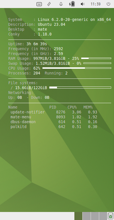 クリックでオリジナルのサイズで開きます 「Ubuntu MATE 23.04」-「Conky」「表示」