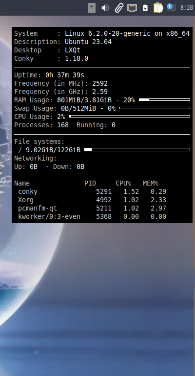 クリックでオリジナルのサイズで開きます 「Lubuntu 23.04」-「Conky」「表示」