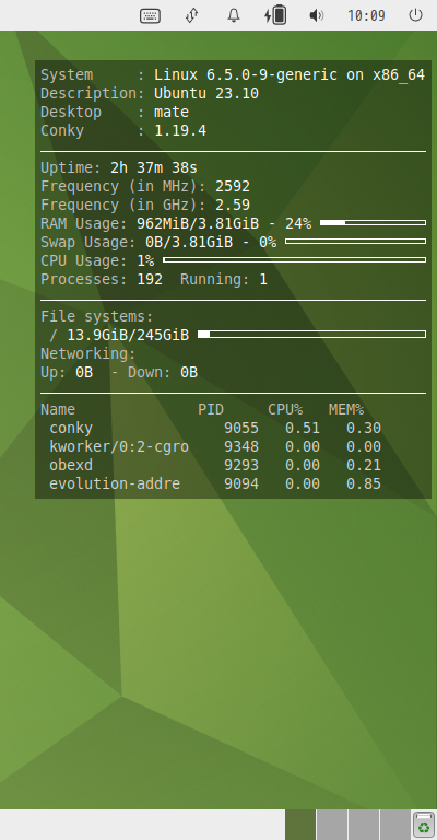 クリックでオリジナルのサイズで開きます 「Ubuntu MATE 23.10」-「Conky」「表示」