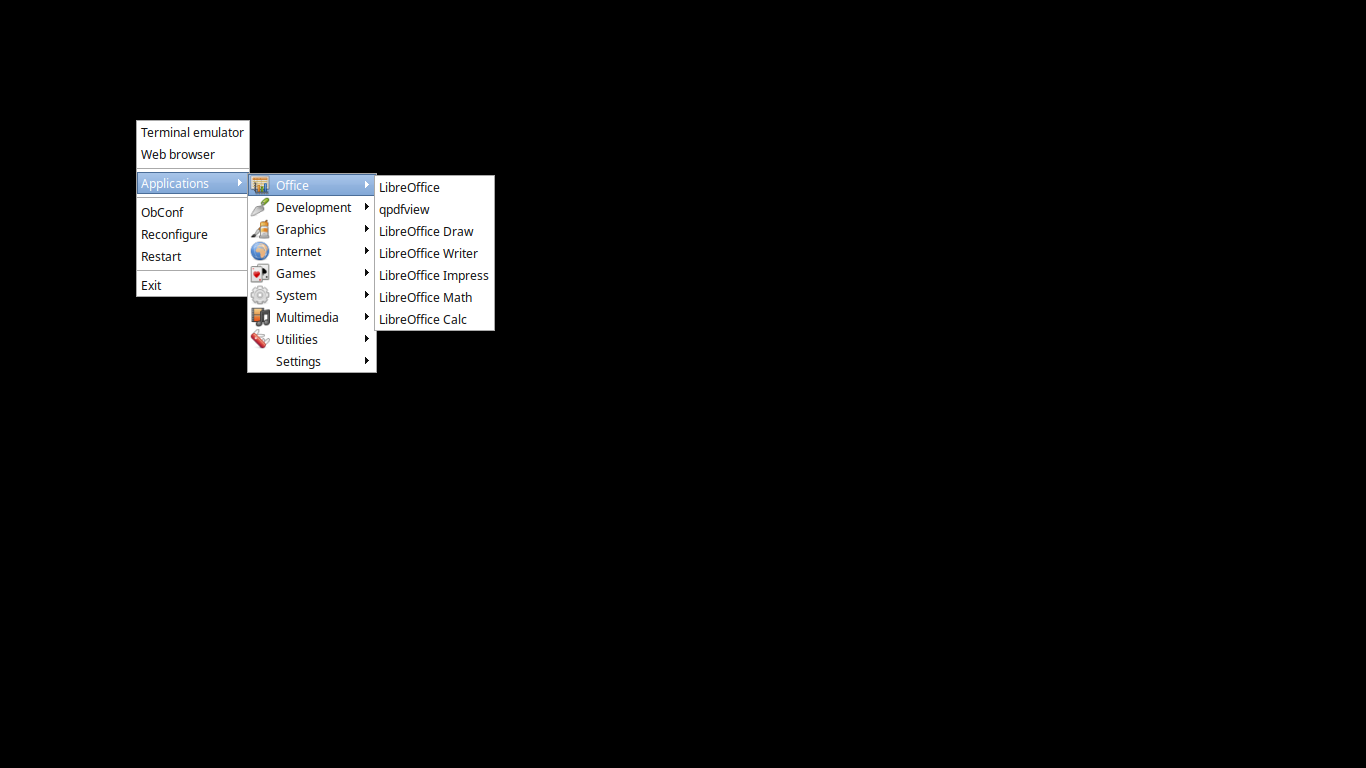 「Ubuntu 23.10 Openbox」-「デフォルトのデスクトップ・メニュー」