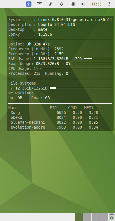 クリックでオリジナルのサイズで開きます 「Ubuntu MATE 24.04」-「Conky」「表示」