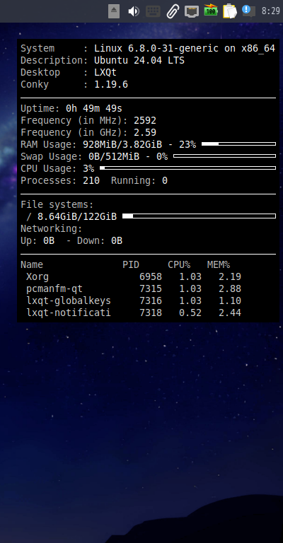 クリックでオリジナルのサイズで開きます 「Lubuntu 24.04」-「Conky」「表示」