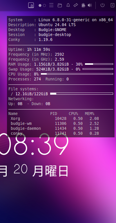 クリックでオリジナルのサイズで開きます 「Ubuntu BUDGIE 24.04」-「Conky」「表示」