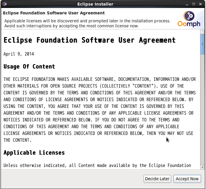 「CentOS 6.8」-「Eclipse」「User Agreement」