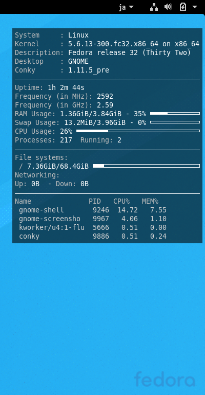 クリックでオリジナルのサイズで開きます 「Fedora 32 GNOME」-「Conky」「表示」