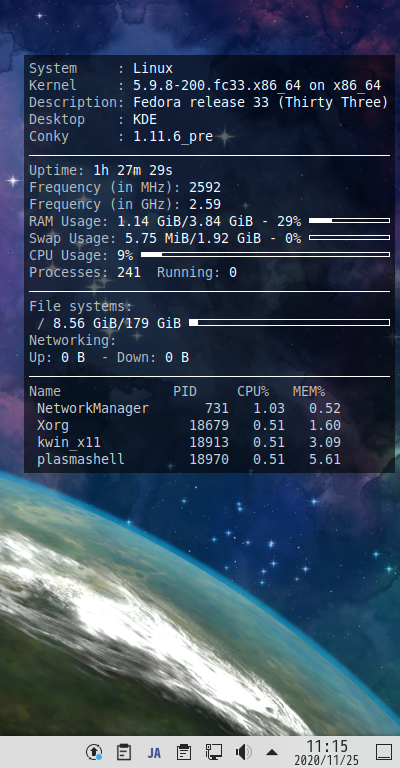 クリックでオリジナルのサイズで開きます 「Fedora 33 KDE」-「Conky」「表示」