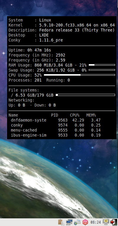 クリックでオリジナルのサイズで開きます 「Fedora 33 LXDE」-「Conky」「表示」