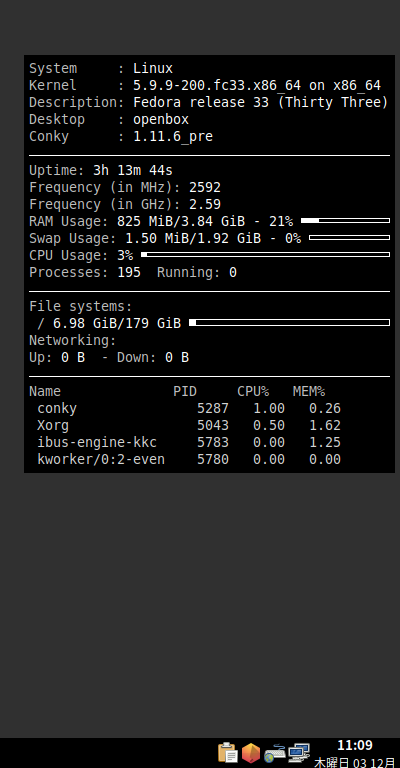 クリックでオリジナルのサイズで開きます 「Fedora 33 Openbox」-「Conky」「表示」
