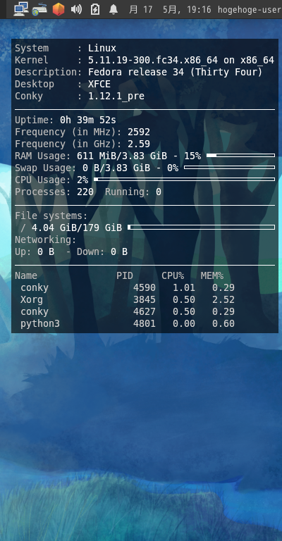 クリックでオリジナルのサイズで開きます 「Fedora 34 XFCE」-「Conky」「表示」