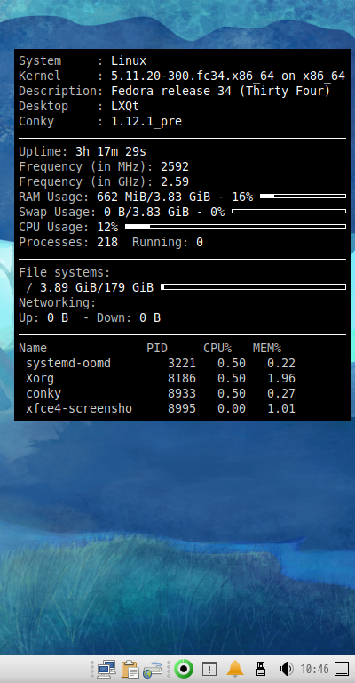 クリックでオリジナルのサイズで開きます 「Fedora 34 LXQt」-「Conky」「表示」
