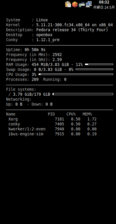クリックでオリジナルのサイズで開きます 「Fedora 34 Openbox」-「Conky」「表示」