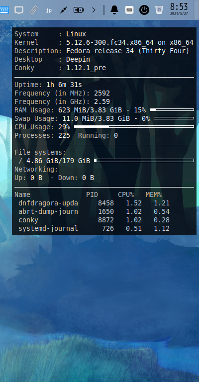 クリックでオリジナルのサイズで開きます 「Fedora 34 deepin」-「Conky」「表示」