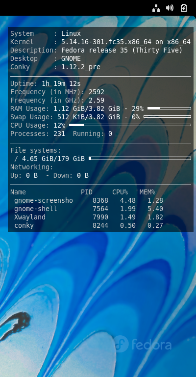 クリックでオリジナルのサイズで開きます 「Fedora 35 GNOME」-「Conky」「表示」