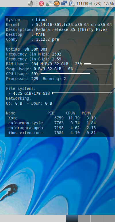 クリックでオリジナルのサイズで開きます 「Fedora 35 MATE」-「Conky」「表示」
