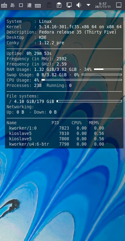 クリックでオリジナルのサイズで開きます 「Fedora 35 KDE」-「Conky」「表示」