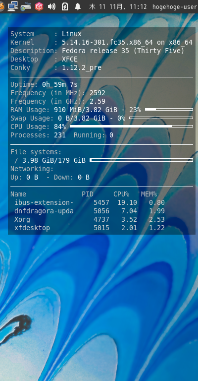 クリックでオリジナルのサイズで開きます 「Fedora 35 XFCE」-「Conky」「表示」