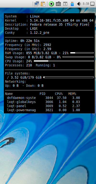 クリックでオリジナルのサイズで開きます 「Fedora 35 LXQt」-「Conky」「表示」