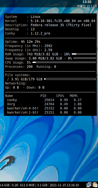 クリックでオリジナルのサイズで開きます 「Fedora 35 i3wm」-「Conky」「表示」