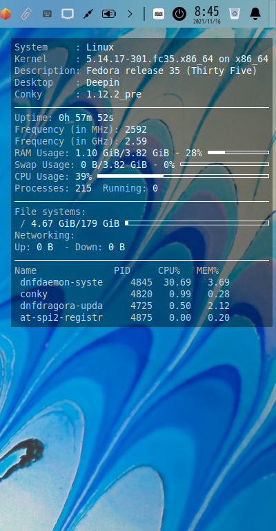 クリックでオリジナルのサイズで開きます 「Fedora 35 deepin」-「Conky」「表示」