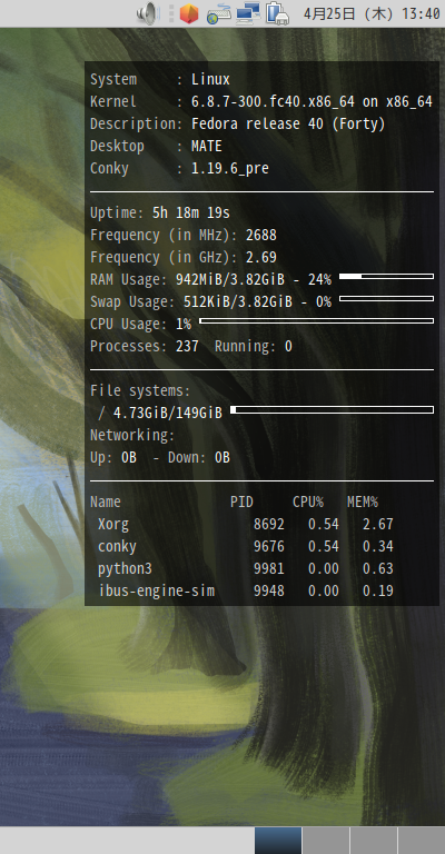 「Fedora 40 MATE」-「Conky」「表示」