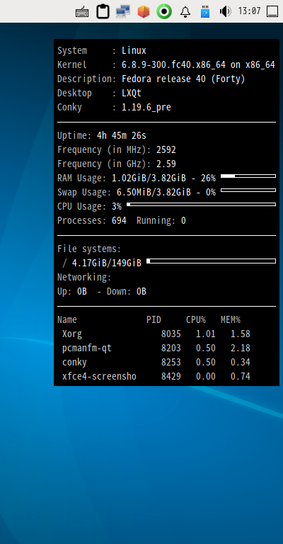 「Fedora 40 LXQt」-「Conky」「表示」