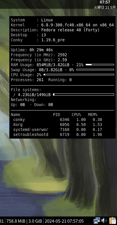 「Fedora 40 i3wm」-「Conky」「表示」