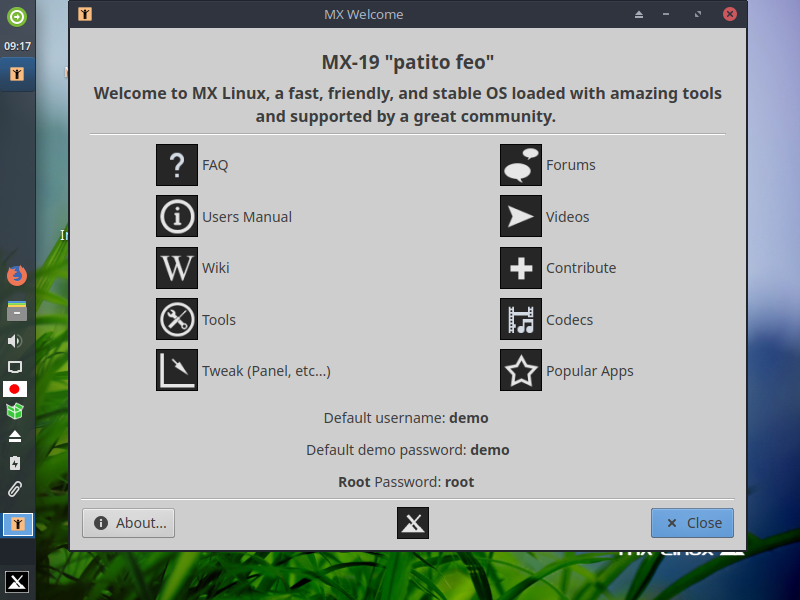 「MX Linux 19」-「インストール」「デスクトップ」