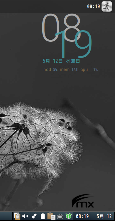 クリックでオリジナルのサイズで開きます 「MX Linux 19.4 Fluxbox」-「Conky」「デフォルトの表示」