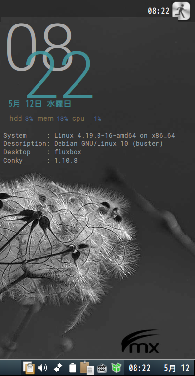クリックでオリジナルのサイズで開きます 「MX Linux 19.4 Fluxbox」-「Conky」「編集後の表示」