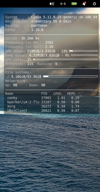クリックでオリジナルのサイズで開きます 「elementary OS 6.0」-「Conky」「表示」