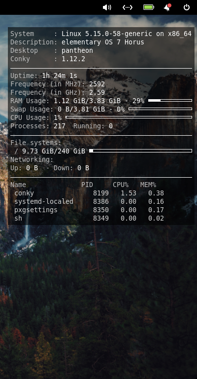 クリックでオリジナルのサイズで開きます 「elementary OS 7.0 Pantheon」-「Conky」「表示」