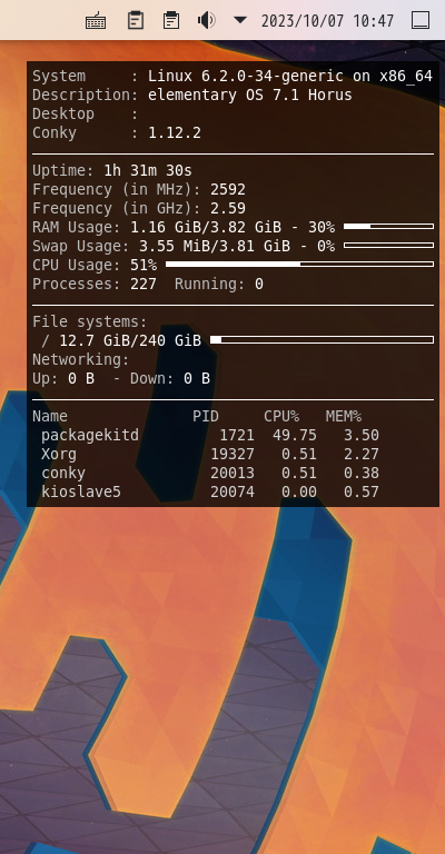 クリックでオリジナルのサイズで開きます 「elementary OS 7.1 KDE」-「Conky」「表示」