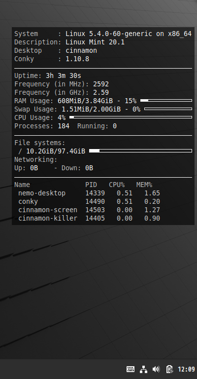 クリックでオリジナルのサイズで開きます 「Mint 20.1 Cinnamon」-「Conky」「表示」
