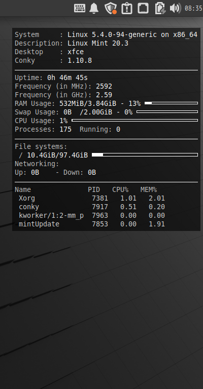 クリックでオリジナルのサイズで開きます 「Mint 20.3 XFCE」-「Conky」「表示」