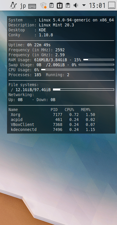 クリックでオリジナルのサイズで開きます 「Mint 20.3 KDE」-「Conky」「表示」