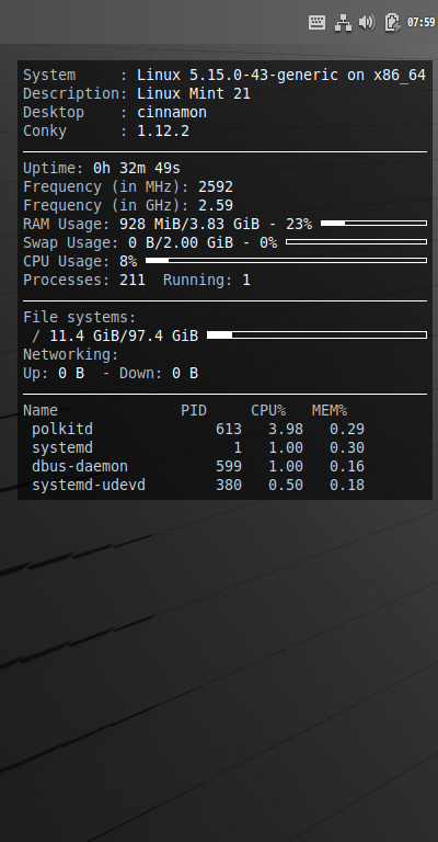 クリックでオリジナルのサイズで開きます 「Mint 21 Cinnamon」-「Conky」「表示」