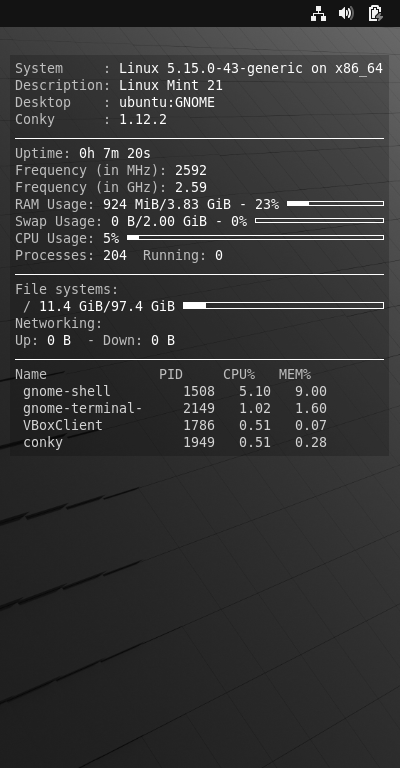 クリックでオリジナルのサイズで開きます 「Mint 21 GNOME」-「Conky」「表示」