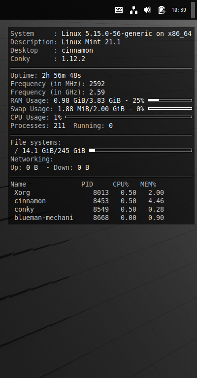 クリックでオリジナルのサイズで開きます 「Mint 21.1 Cinnamon」-「Conky」「表示」