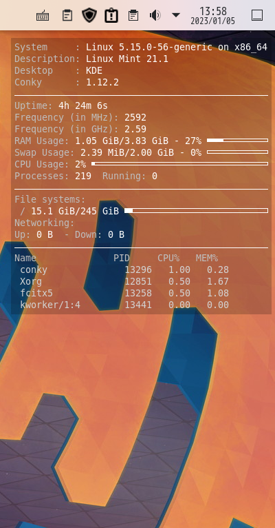 クリックでオリジナルのサイズで開きます 「Mint 21.1 KDE」-「Conky」「表示」