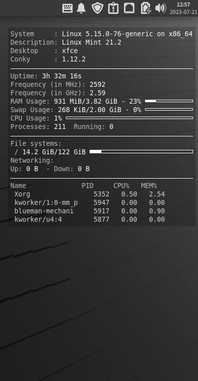 クリックでオリジナルのサイズで開きます 「Mint 21.2 XFCE」-「Conky」「表示」