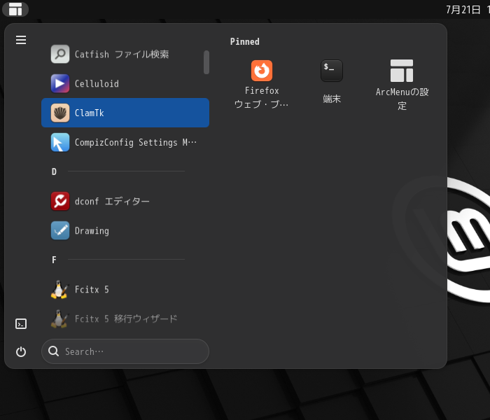 「Mint 21.2 GNOME」-「スタート」→「C」→「ClamTk」