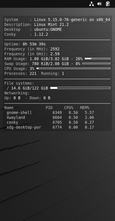 クリックでオリジナルのサイズで開きます 「Mint 21.2 GNOME」-「Conky」「表示」