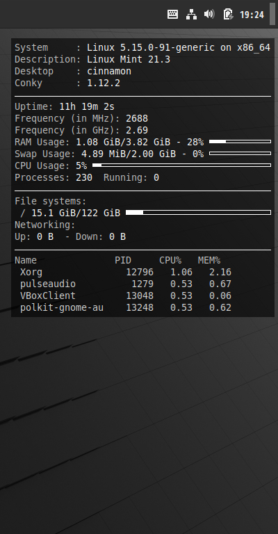 クリックでオリジナルのサイズで開きます 「Mint 21.3 Cinnamon」-「Conky」「表示」