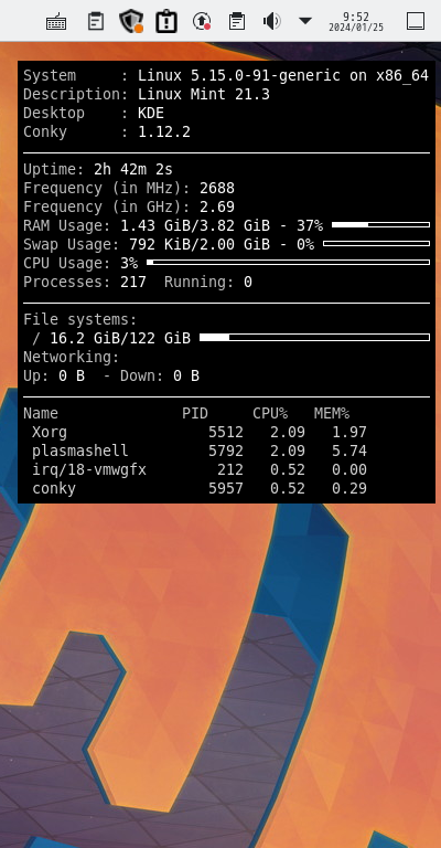 クリックでオリジナルのサイズで開きます 「Mint 21.3 KDE」-「Conky」「表示」