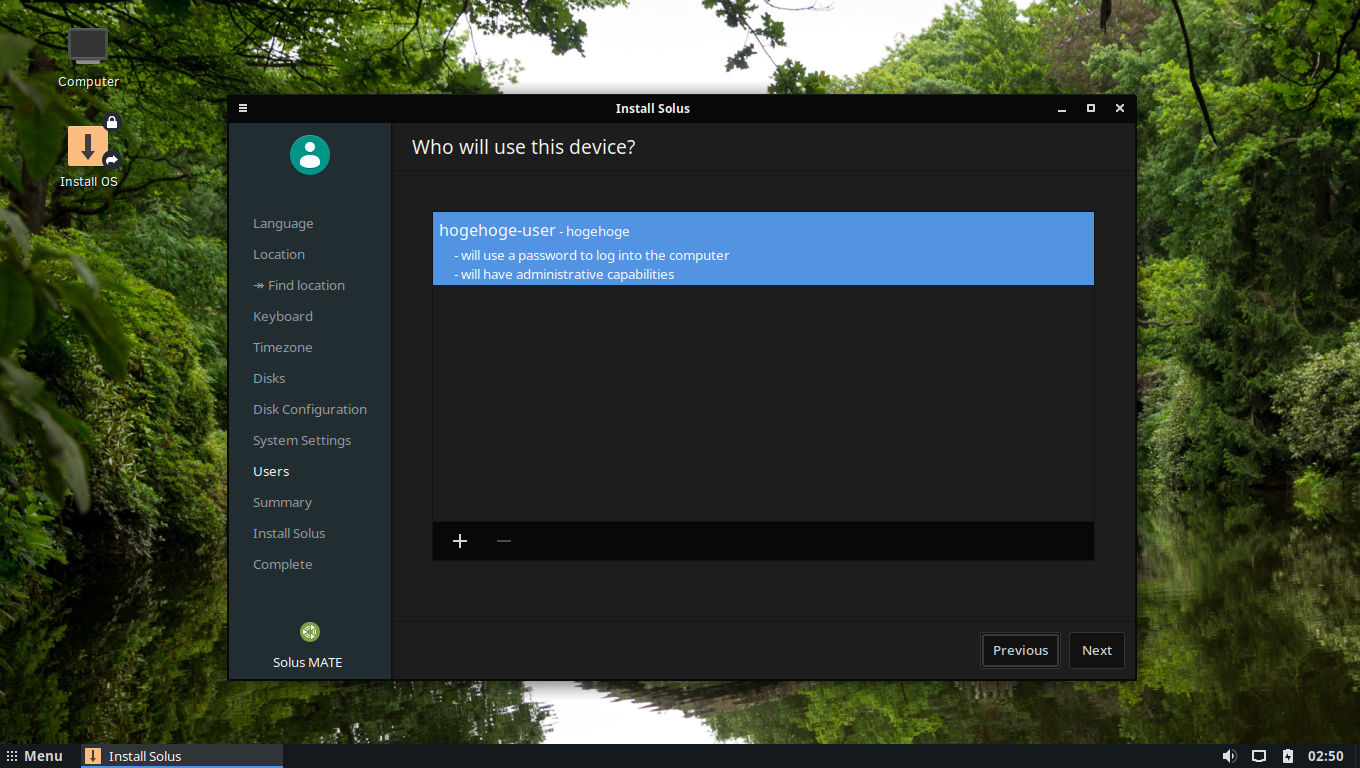 「Solus 4.0 BUDGIE」-「インストール」-「ユーザ情報」入力完了
