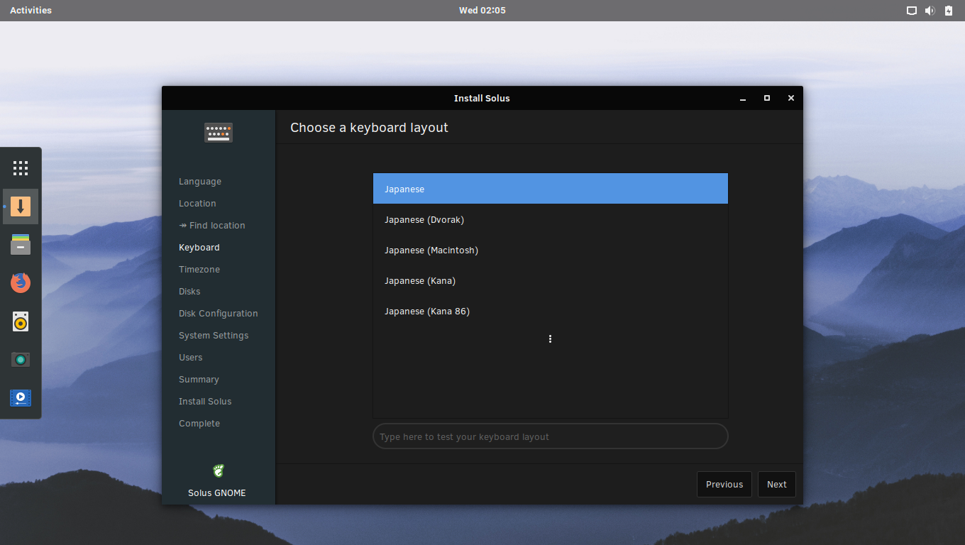 「Solus 4.0 GNOME」-「インストール」-「キーボードレイアウト」