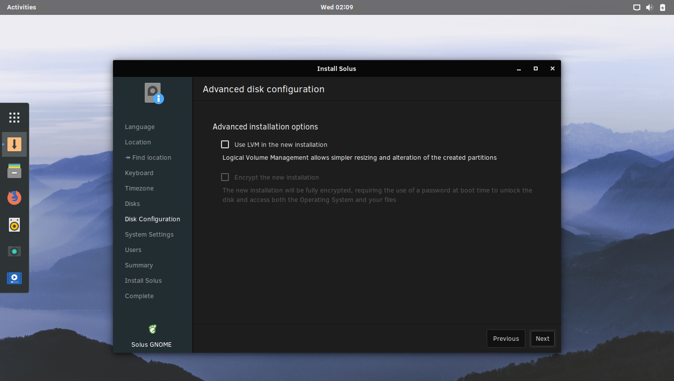 「Solus 4.0 GNOME」-「インストール」-「Advanced disk configuration」