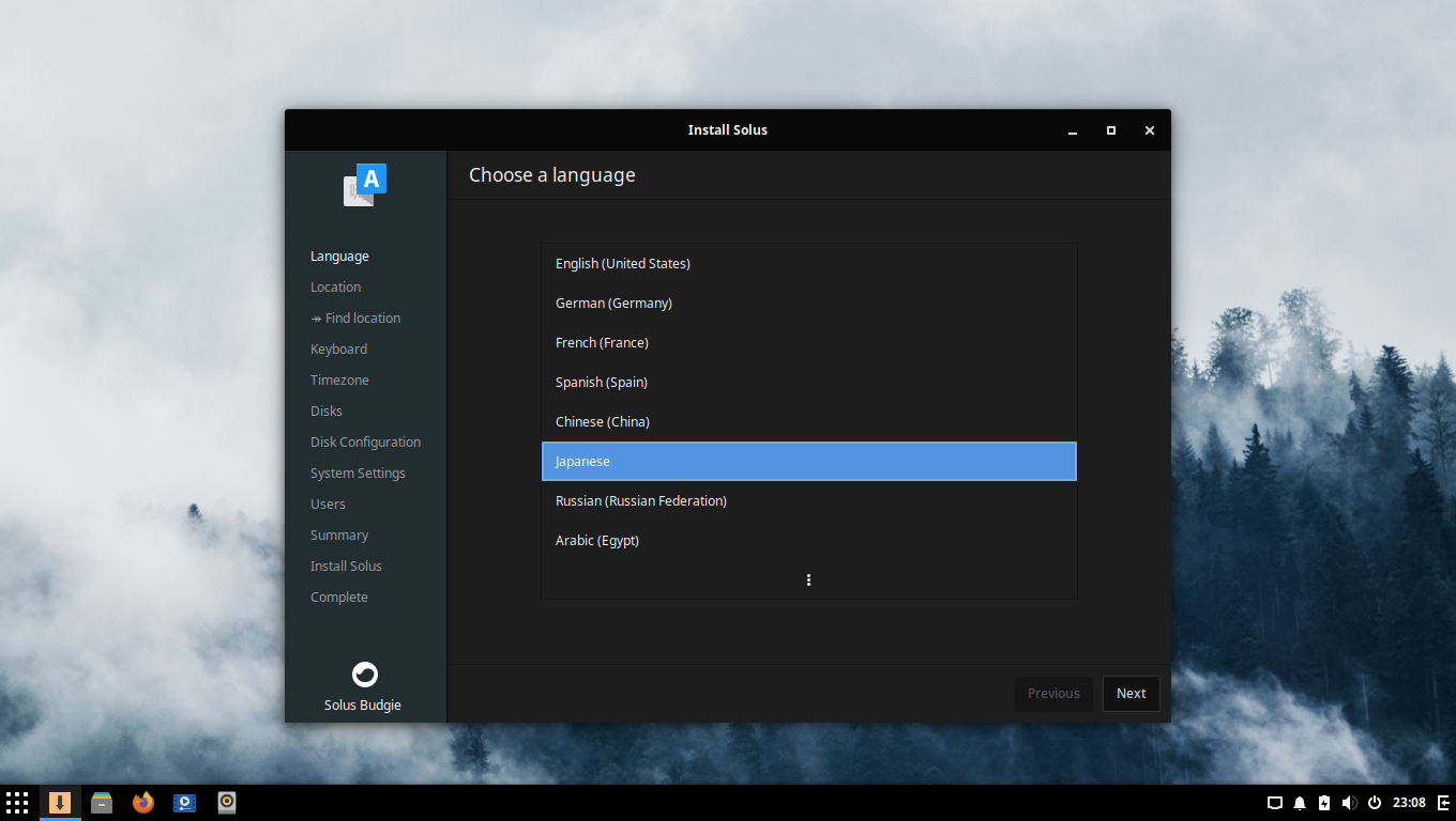 「Solus 4.1 BUDGIE」-「インストール」「言語」