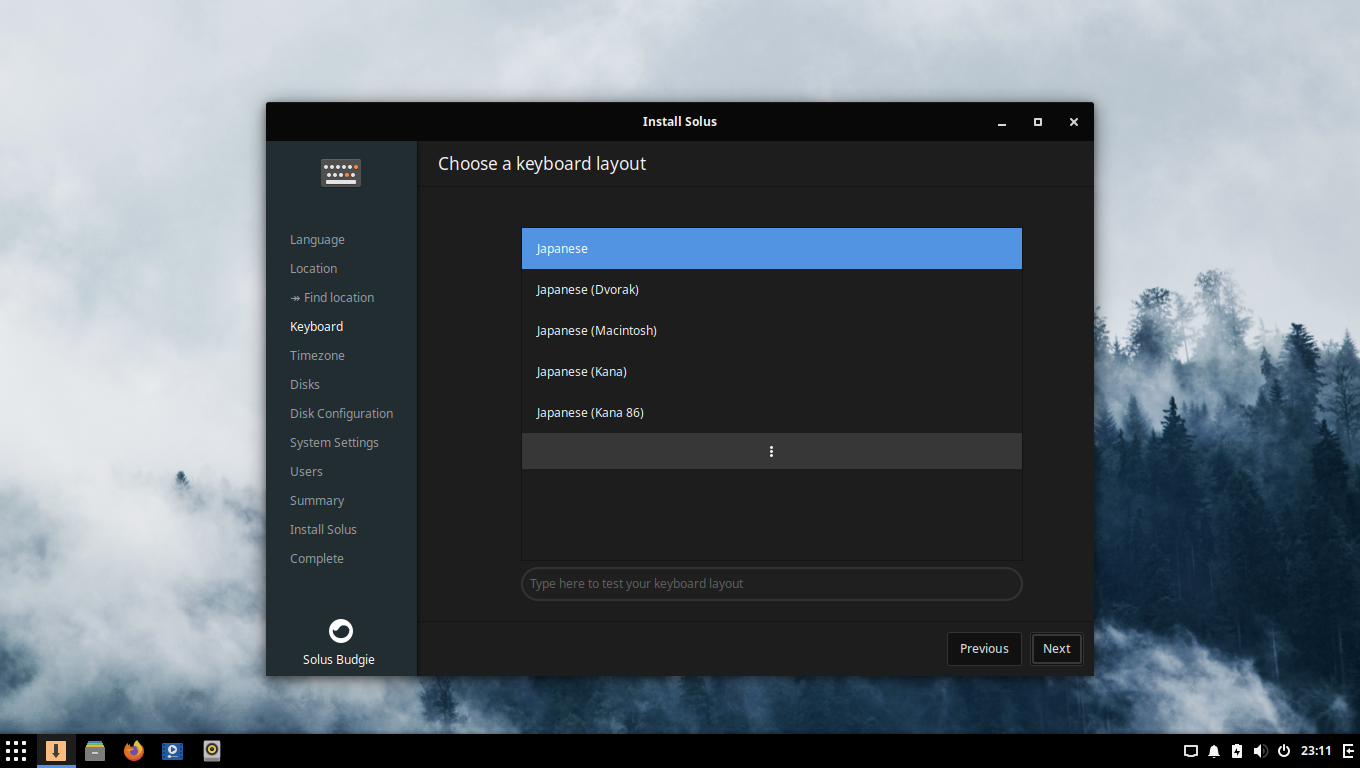 「Solus 4.1 BUDGIE」-「インストール」「キーボード」