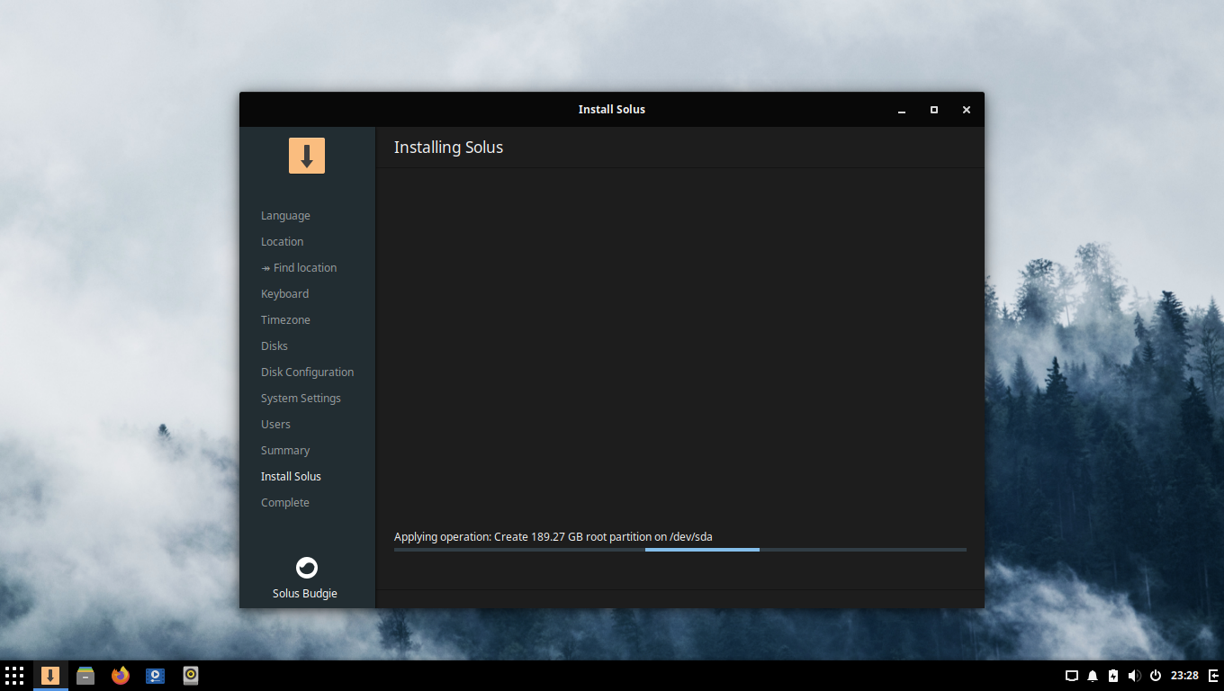 「Solus 4.1 BUDGIE」-「インストール」「進行中」